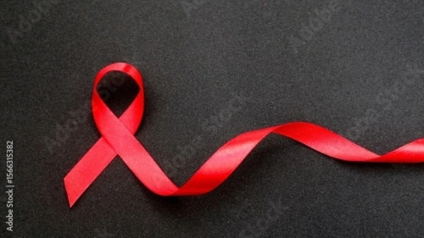 Obraz AID red ribbon in hand on a black background, a symbol of the fight against HIV, AIDS and cancer. concept of helping those in need.