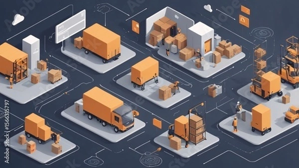 Fototapeta Orange Vehicles Transporting Cardboard Boxes in a Modern Network - Isometric View of Industry Operations