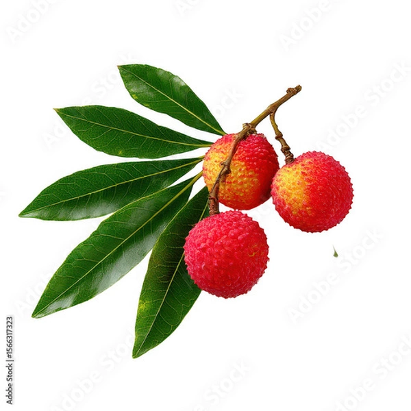 Fototapeta Red Lychees on Branch with Green Leaves isolated on a transparent background 1
