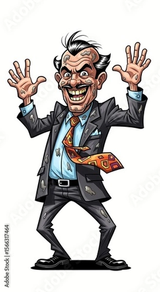 Obraz a drawing of a greasy car salesman doing a crazy pose against a solid white background. exaggerated low brow style art. character, caricature, suit, tie, wild, ripoff artist, scammer, shady, portrait
