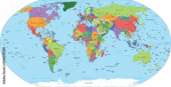Obraz Vector Global Map with Political Boundaries and Countries