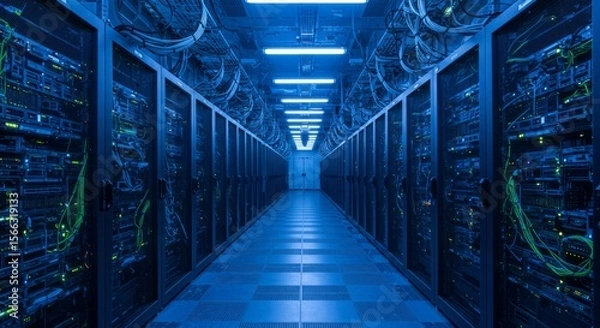 Obraz Data Center s Heart Servers hum quietly powering the digital world with bright blue neon and cable