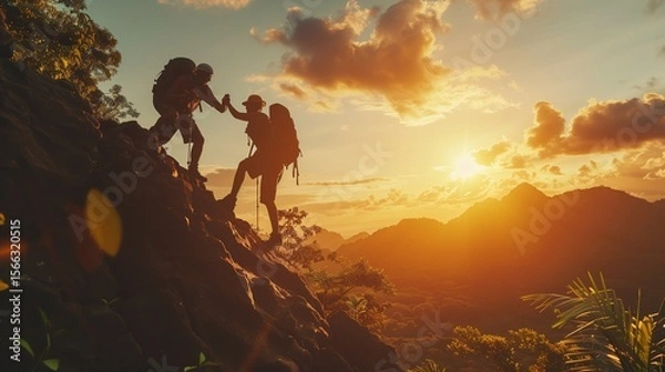 Obraz 協力で登る、夕陽に染まる山頂への道