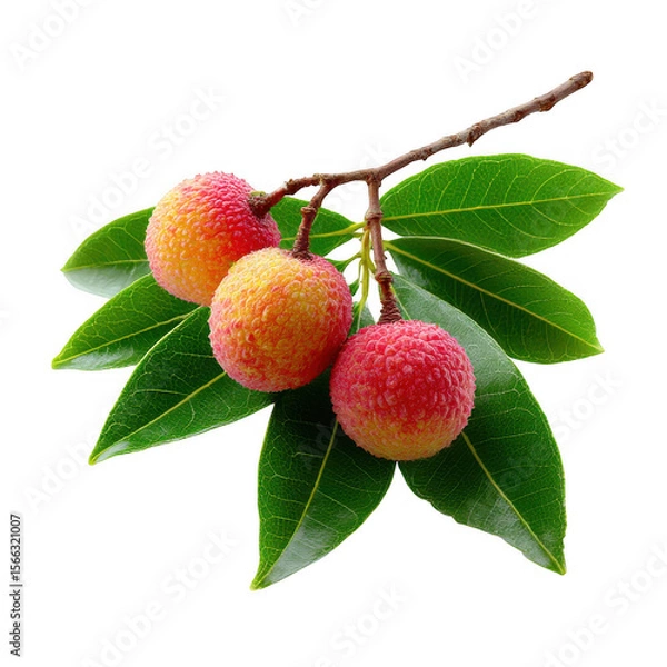 Fototapeta Three Lychees on Branch with Leaves isolated on a transparent background