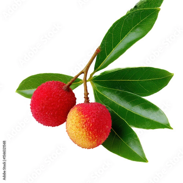 Fototapeta Two Red Lychees on Branch with Green Leaves isolated on a transparent background