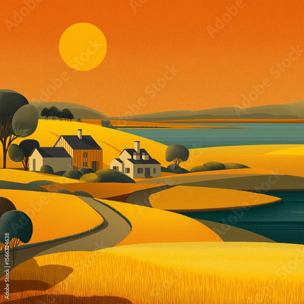 Fototapeta stylized illustration of a serene countryside landscape, created using simple flat colors and geometric shapes. It evokes a warm, tranquil atmosphere with its harmonious composition