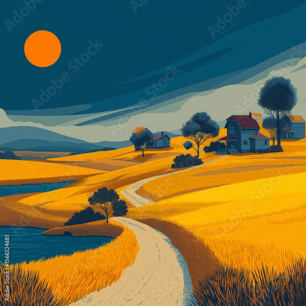 Fototapeta stylized illustration of a serene countryside landscape, created using simple flat colors and geometric shapes. It evokes a warm, tranquil atmosphere with its harmonious composition