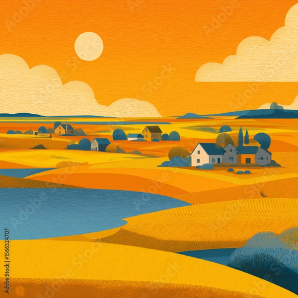 Fototapeta stylized illustration of a serene countryside landscape, created using simple flat colors and geometric shapes. It evokes a warm, tranquil atmosphere with its harmonious composition