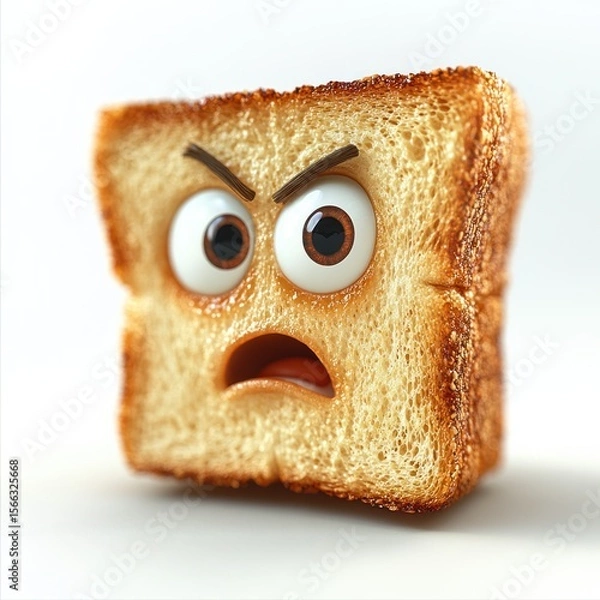 Fototapeta Toast with a funny expression looks annoyed and ready for breakfast adventure