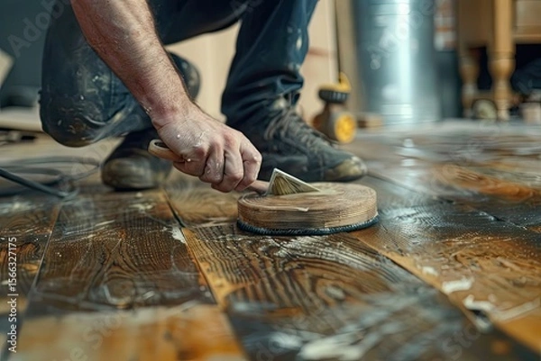 Fototapeta Clear Pixel Visual of Man Polishing Flooring with Brush Preparing for Home Improvement Work