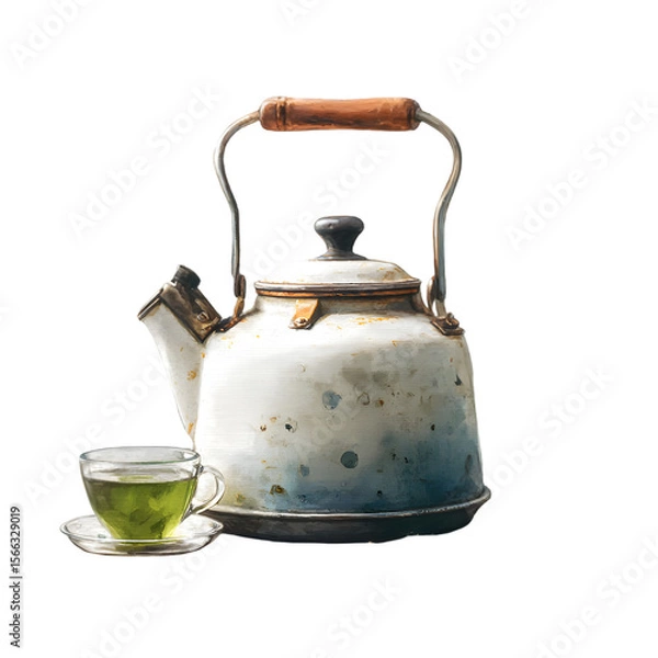 Fototapeta Vintage enamel teapot with a wooden handle and a glass cup of green tea isolated on transparent background