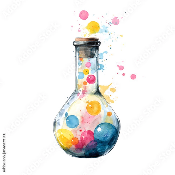 Fototapeta Watercolor illustration of a glass flask filled with colorful liquid bubbles and splashes isolated on transparent background