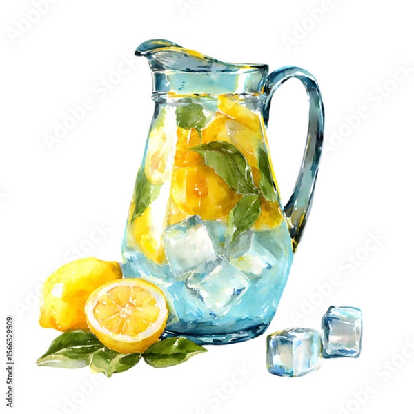 Fototapeta Refreshing watercolor pitcher of lemonade with lemons ice and mint leaves isolated on transparent background