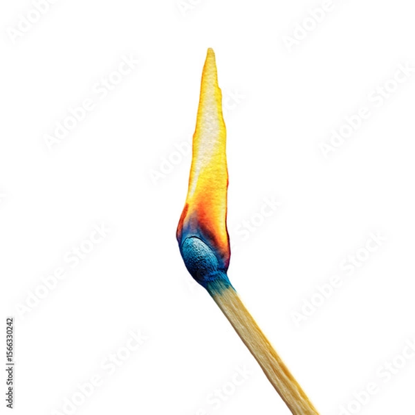 Fototapeta Close up of a single lit match with a bright blue and orange flame isolated on transparent background