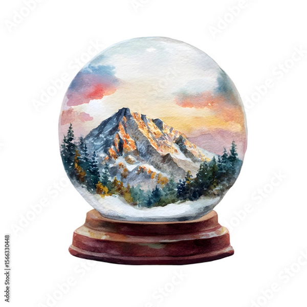 Fototapeta Watercolor painting of a snow globe with a mountain landscape and forest isolated on transparent background