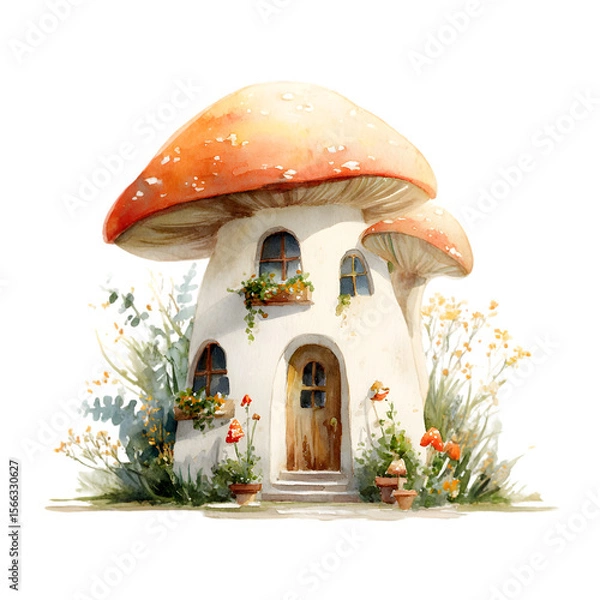 Fototapeta Whimsical watercolor mushroom house with arched windows and a wooden door surrounded by plants isolated on transparent background