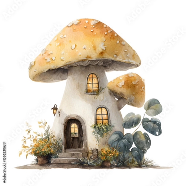 Fototapeta Charming watercolor mushroom house with glowing windows and potted plants isolated on transparent background