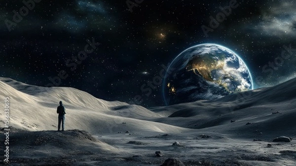 Fototapeta Astronaut views Earth from moon