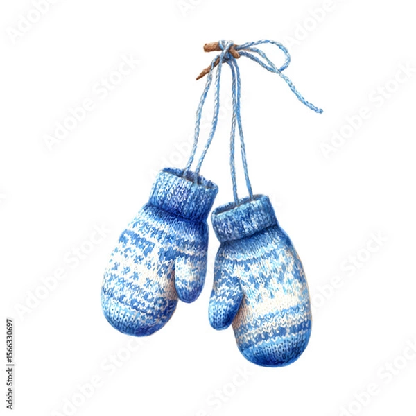 Fototapeta Cozy blue and white knitted mittens hanging on a twig with string isolated on transparent background