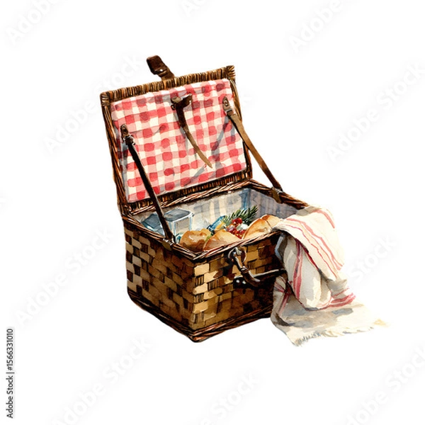 Fototapeta Watercolor picnic basket filled with bread and fruit with a red checkered lining isolated on transparent background
