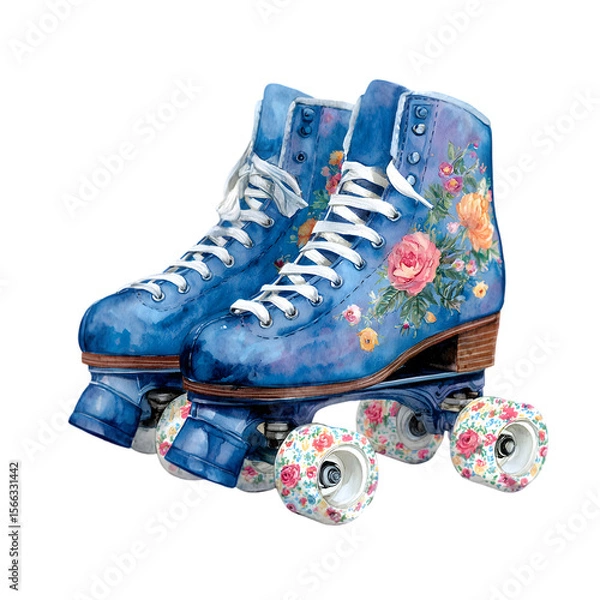 Fototapeta Artistic watercolor painting of blue roller skates adorned with floral patterns isolated on transparent background