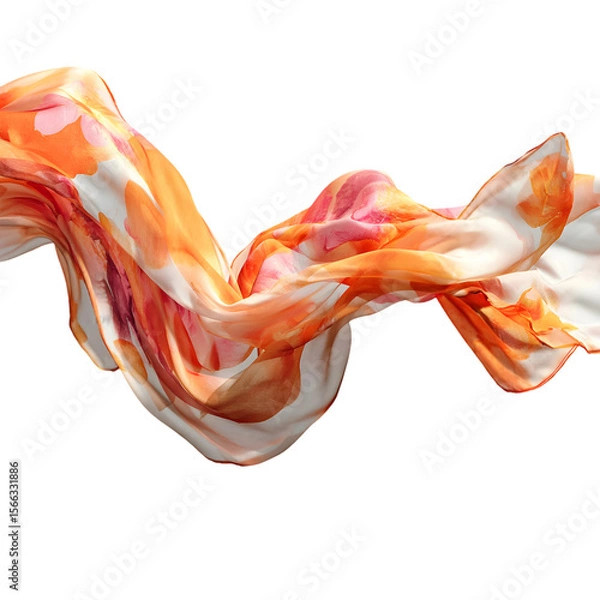 Fototapeta Flowing sheer fabric with abstract floral watercolor pattern in orange and pink isolated on transparent background