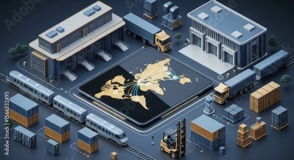 Fototapeta Isometric style scene shows a transportation network with trucks, trains, and buildings connected to a global map, conveying efficiency and worldwide distribution, ideal for supply chain and business 