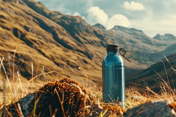Fototapeta High Definition Visual of Reusable Water Bottle in Scenic Mountain Landscape