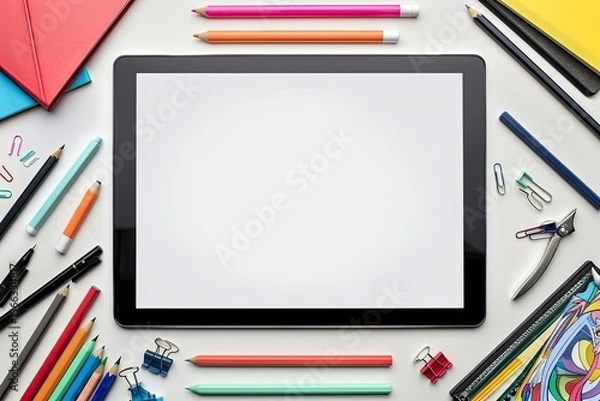 Fototapeta Clear Pixel Visual of Mock Up Tablet Surrounded by Desk Supplies