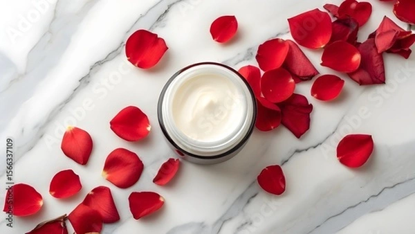 Fototapeta Organic cream in a jar surrounded by red flower petals on a marble surface. Captured from above, this flat lay showcases a natural beauty product. Perfect for skincare and body care enthusiasts!
