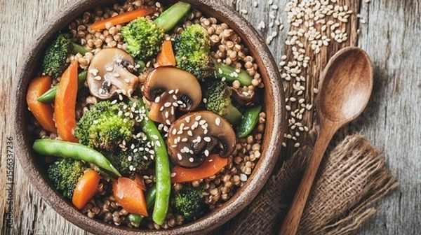 Obraz A bowl with cooked buckwheat, carrot, broccoli, mushrooms and sesame seeds on wooden table