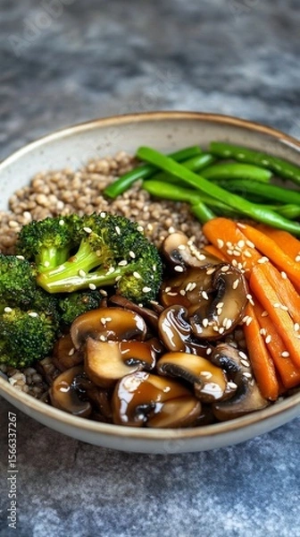 Obraz A bowl with cooked buckwheat, carrot, broccoli, mushrooms, peas and sesame seeds