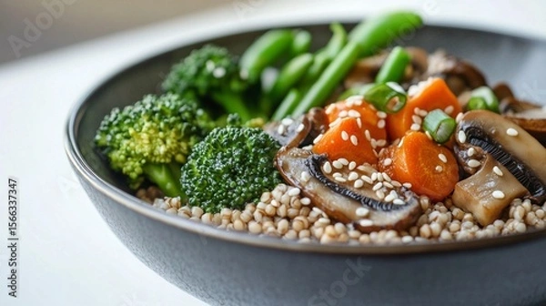 Obraz A bowl with cooked buckwheat, carrot, broccoli, mushrooms and sesame seeds