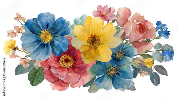 Fototapeta Beautiful watercolor floral arrangement featuring vibrant blue, yellow, pink, and red flowers, creating cheerful and artistic display