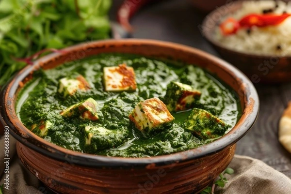 Fototapeta High Definition Visual of Emanating Culinary Authenticity, a Bowl of Homemade Saag Paneer