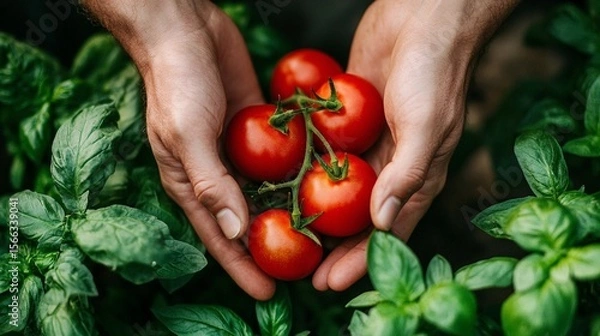 Obraz Close-up of hands holding a cluster of ripe red tomatoes freshly picked from a garden