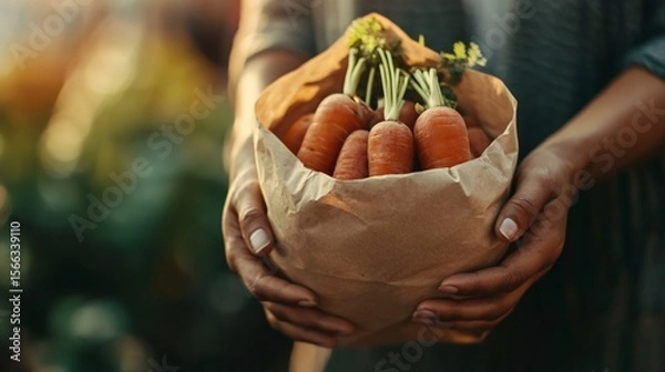 Obraz Close-up of hands holding a brown paper bag filled with fresh carrots