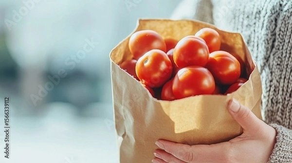 Obraz Close-up of hands holding a brown paper bag filled with fresh tomatoes