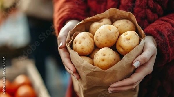 Obraz Close-up of hands holding a brown paper bag filled with fresh potatoes