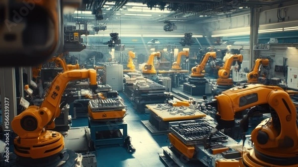 Fototapeta Automated factory with robotic arms