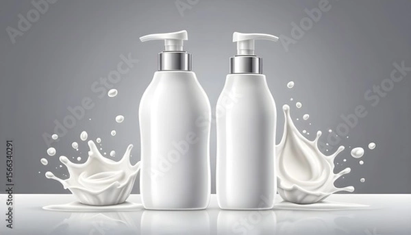 Fototapeta background showcasing milk cosmetics. The skin care item is a body lotion housed in a white bottle with a silver pump, with a milk splash and a crown isolated on a gray surface.
