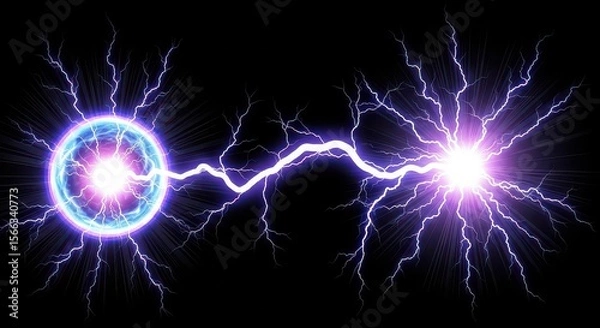 Fototapeta A lightning strike connects a blue orb to a bright light, creating a dramatic display against a black background for illustrations.