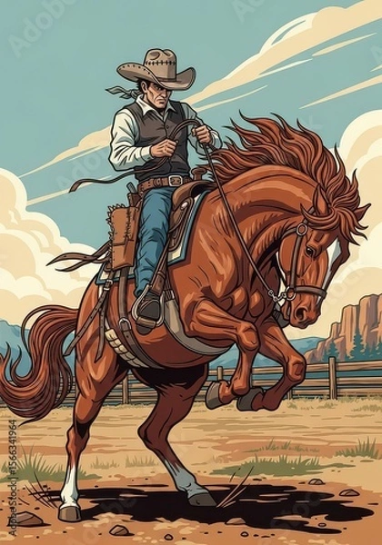 Fototapeta A cowboy rides a brown horse across a dry landscape with a wooden fence and rock formations under a blue sky, perfect for illustrating western themes.