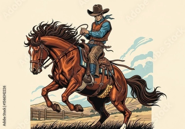 Fototapeta A cowboy rides a chestnut horse with a lasso through a prairie with a fence and blue clouds, ideal for illustrating Western themes.