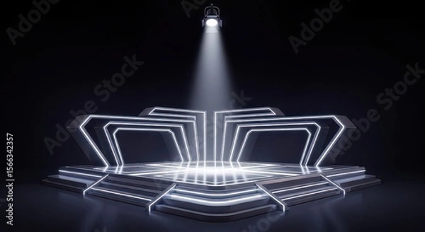 Fototapeta A modern stage is illuminated by a spotlight, adorned with geometric neon lights, perfect for presentations and performances.