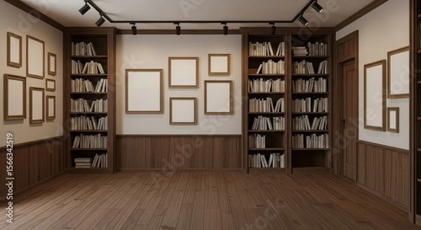 Fototapeta A library with books and picture frames creates a classic and sophisticated aesthetic, suitable for interior design and study arrangements.