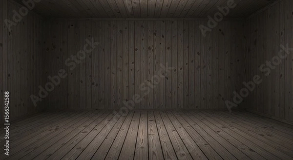 Fototapeta A dim, empty room features dark stained wood paneling on the walls and floor, offering a potentially spooky or dramatic backdrop for a variety of purposes.