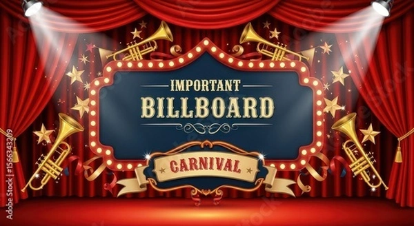 Fototapeta A vintage-style carnival billboard is surrounded by trumpets, stars, and red curtains, creating a festive atmosphere for advertising or event promotion.