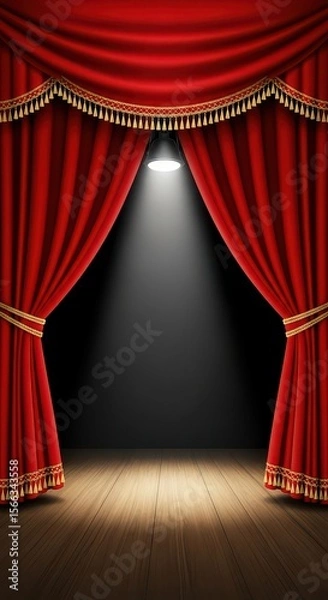 Fototapeta A spotlight illuminates a red theater curtain and wood stage, creating a dramatic backdrop for performance or presentation.