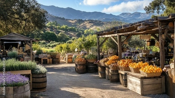 Obraz rustic market set in the countryside with a mountainous backdrop
